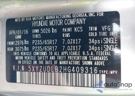 2017 Hyundai Santa Fe Sport 2.4L from USA, damaged, VIN 5XYZUDLB2HG409316